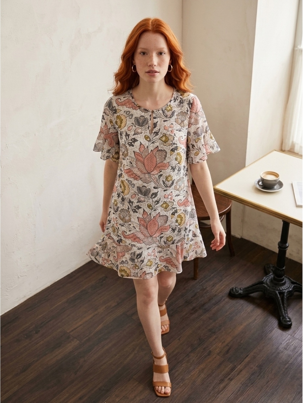 LOFT Floral Print Short Sleeve Dress with Ruffle Hem size S